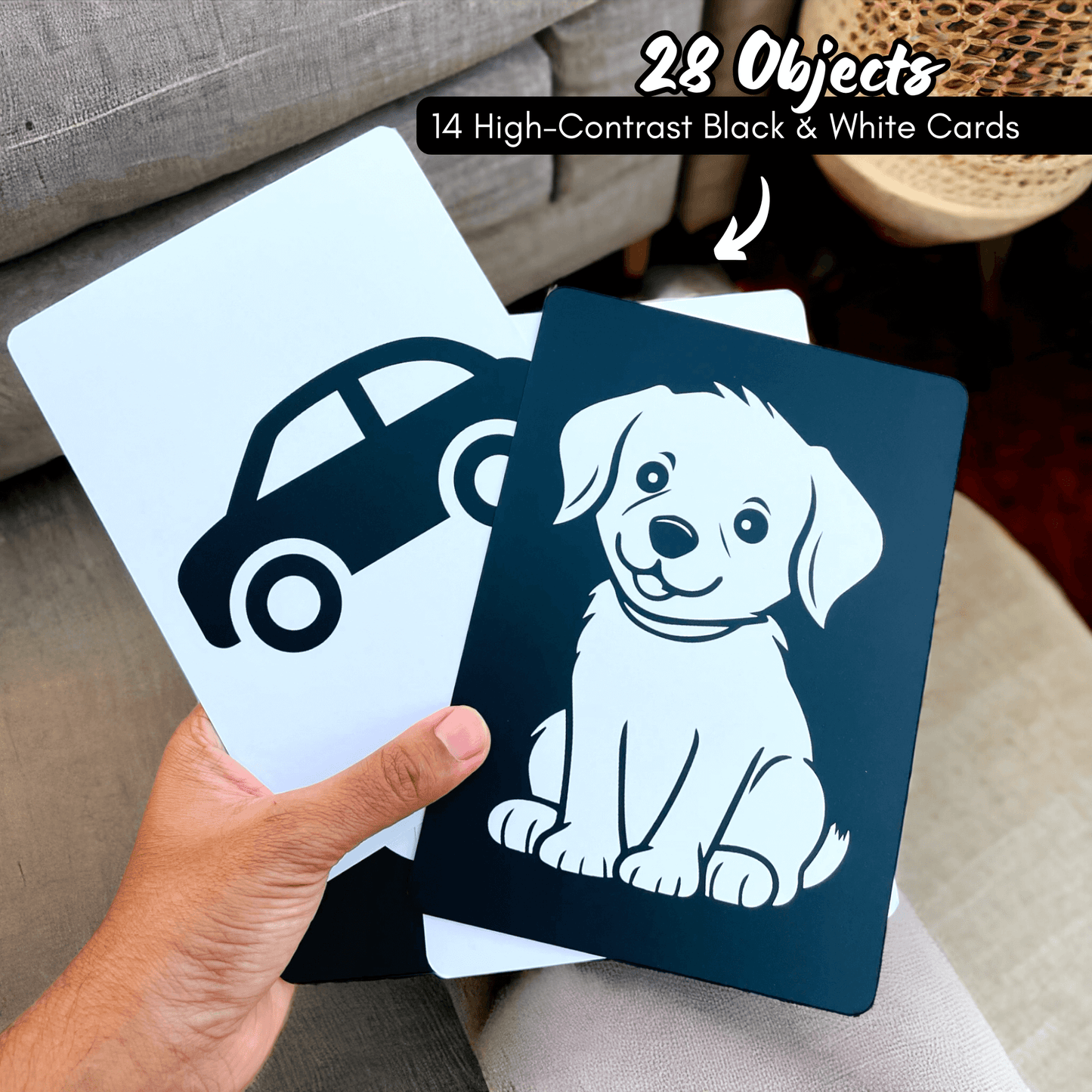 Baby Flash Cards - Black & White High-Contrast Cards | Age: 0-12 months | 28 Objects, 14 Cards | Baby Learning Kit