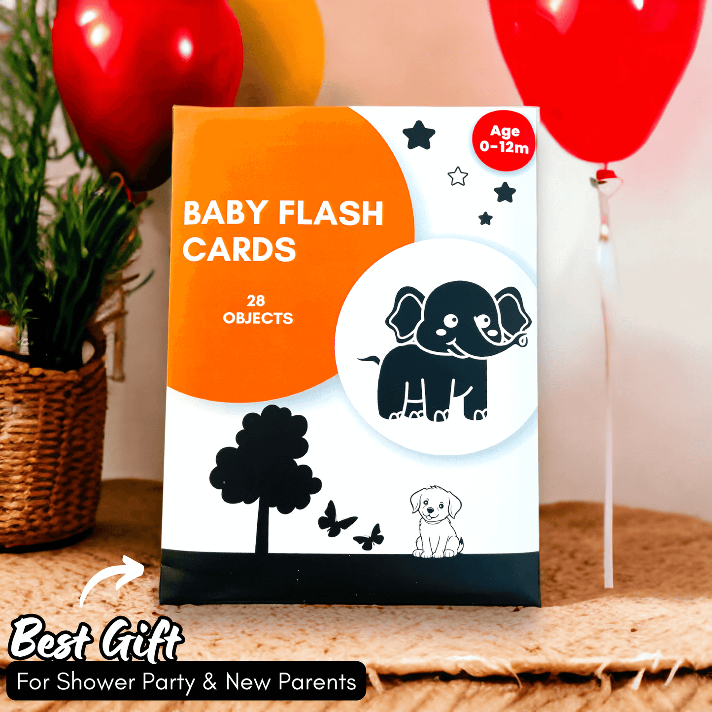 Baby Flash Cards - Black & White High-Contrast Cards | Age: 0-12 months | 28 Objects, 14 Cards | Baby Learning Kit